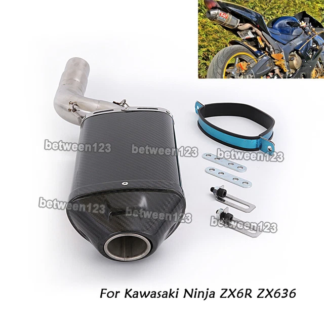 KOlightning Polished Stainless Steel & Carbon Fiber Exhaust Mid Link Pipe & Muffler For Kawasaki Ninja ZX6R 636 (2004-2008) - Aggressive Sound