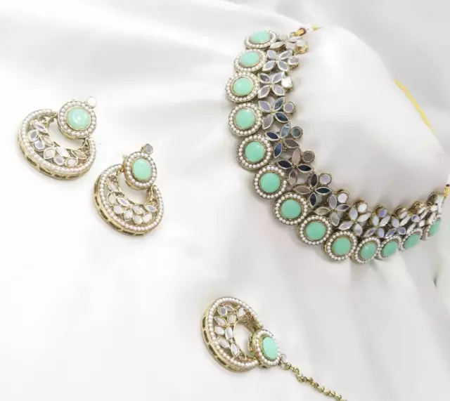 Gold Plated Indian Bollywood Style Kundan Necklace Tikka Mint Green Jewelry Set