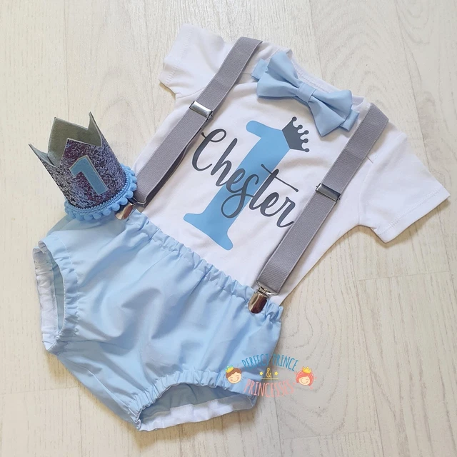 Blue and grey baby boys 1st birthday personalised cake smash outfit with crown