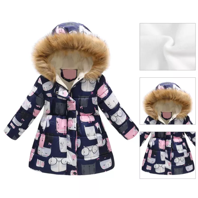 Girls Overcoat Long Thickened Floral Print Plush Hooded Pockets Padded Jacket