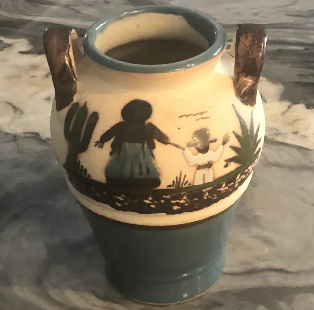 Tonala Handled Vase Mexico Mother and Child Unusual