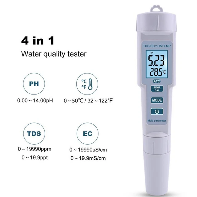 Digital PH Meter 4 in 1 TDS EC Temp High Accuracy Pen Type Water Quality Tester