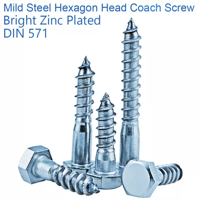 LAG BOLTS HEX HEAD WOOD SCREWS COACH SCREWS ZINC PLATED DIN 571 M10 - 10mm