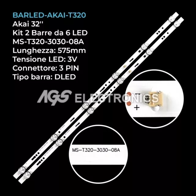 Kit 2 Barre Strip 6 Led Tv Akai Mc-32A06X Ms-T320-3030-08A Led32T2