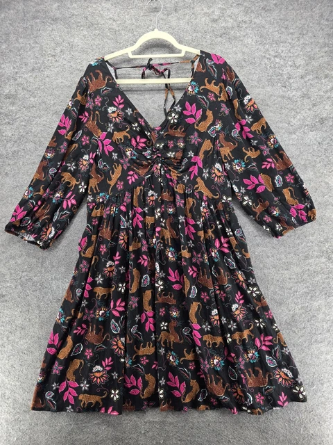 Torrid Dress Womens 2 Black Leopard Floral Print Boho Fit Flare Midi Skater