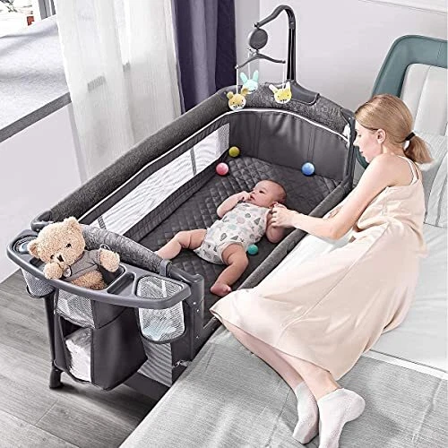 Baby Bassinet Bedside Crib, Pack and Play with Mattress, Diaper Changer and