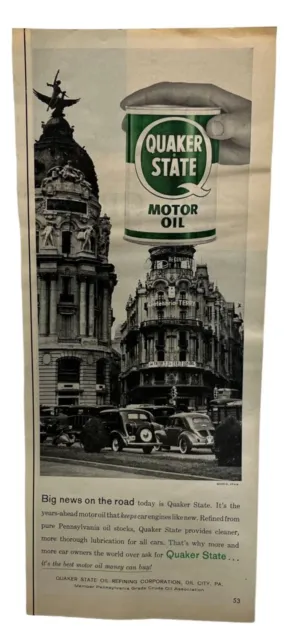 Quaker State Motor Oil Vintage 1958 Print Ad On the Road Madrid Spain