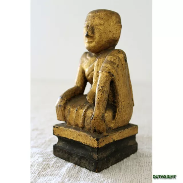 Wood carving monk Myanmar Burma Lacquered Gold Antique 19th century