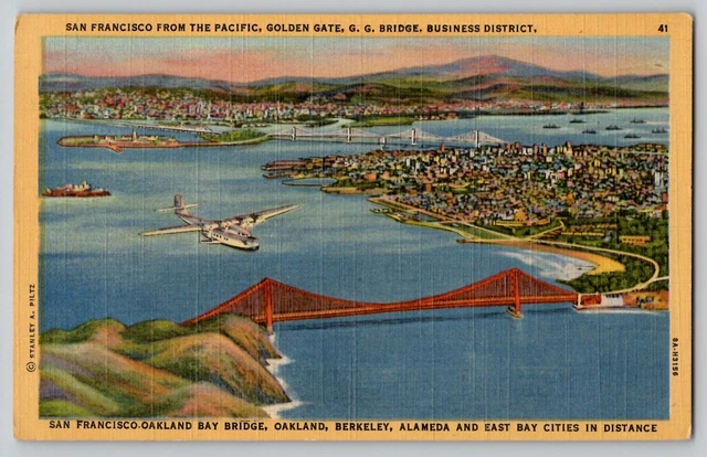 Golden Gate San Francisco Oakland Bay Bridges Berkley CA Vintage Linen Postcard