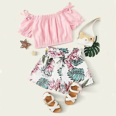 Toddler Kids Baby Girls Bow Ruffle Sleeveless Tops Floral Shorts Outfits Set UK