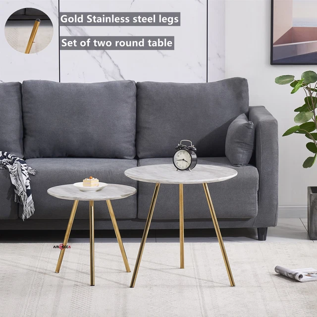 Set of 2 Round Table Coffee Tea Table Side End Table White Faux Marble Gold Legs
