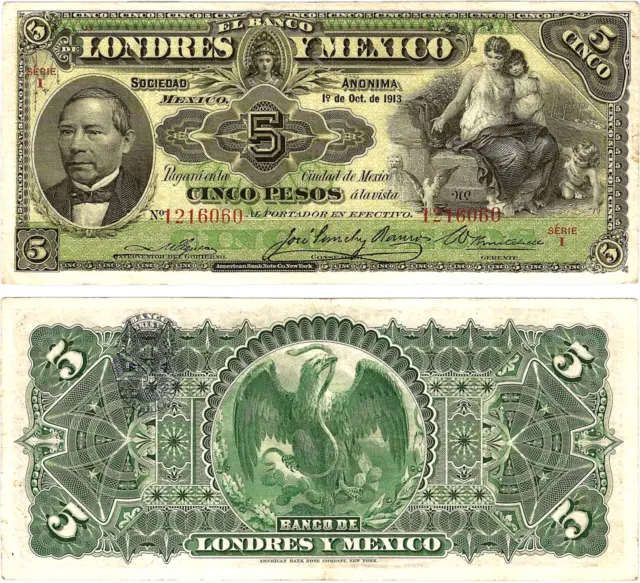 Mexico,5 Pesos,Banco de Londres y Mexico, Series I, 10-1-1913,S/N 1216060,S-233d