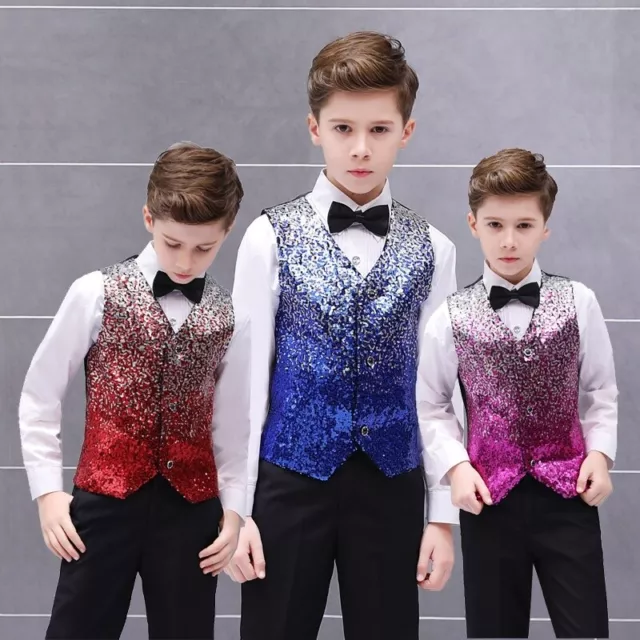 Boys Kids Glitter Sequins Waistcoat Vest Top with Bow Tie Party Dance Wedding
