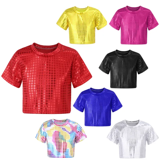 Kids Boys Girls Short Sleeve Round Neckline Shiny Sequins Color Dance Crop Tops