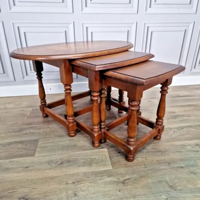 Vintage Nest Of 3 Solid Oak Wooden Coffee Side Lamp Tables Turned Wood - Retro