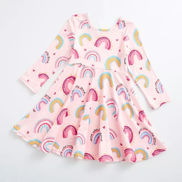 Spring Girls Heart Cat Rainbow Print Knee Length Short Sleeve Milk Silk Dress 3