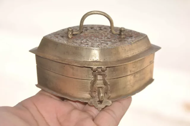 Old Brass Handcrafted Unique Shape Jali Cut 4 Compartment Betel Nut Box