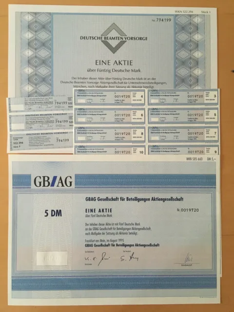 2 DM Aktien - GBAG Beteiligungen / Deutsche Beamtenvorsorge - mit Couponschein
