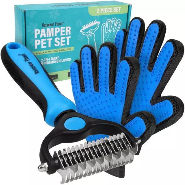 Pet Grooming Set 2X Gloves, Double-Sided Deshedding Brush for Dogs, Cats - Reduc
