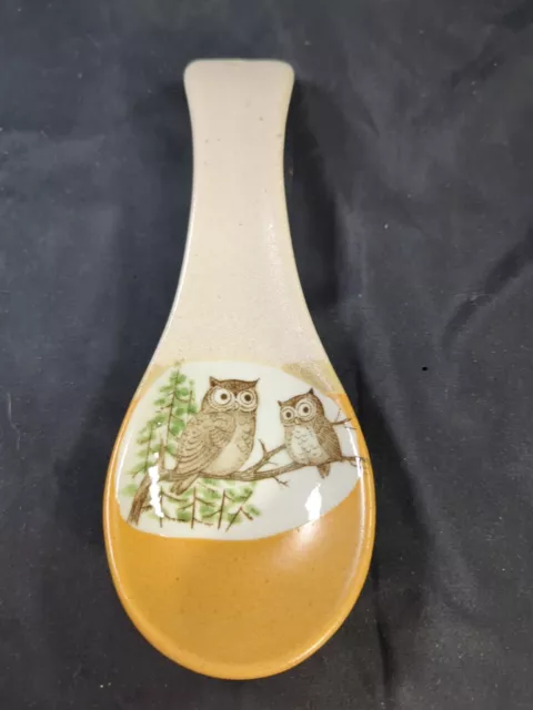 Vintage 9" Stoneware Rustic Woods Forest With Mother And Baby Owl Spoon Rest