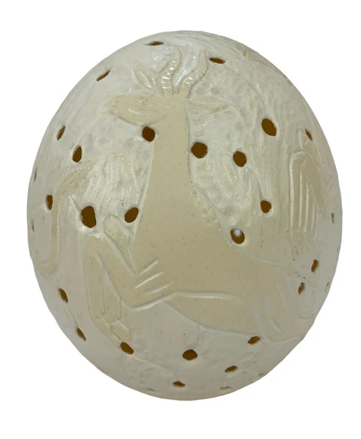 Natural Ostrich Egg Hand Carved Etched Antelopes Artist Signed