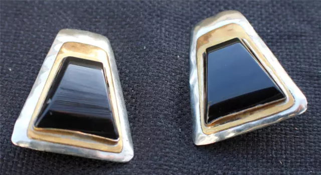 Vtg Sterling Silver Signed Louis Booth Black Onyx Modernist Design Clip  Earrings
