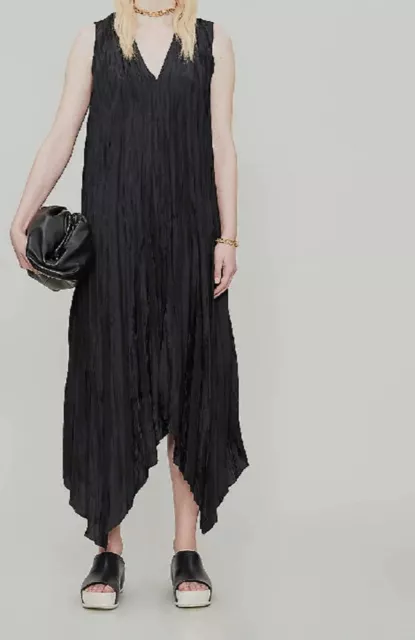 $895 Joseph Women Black Sleeveless Silk Habotai Midi Handkerch Dress Sz FR34 US2