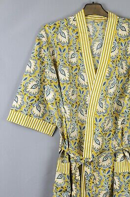 Indiano Fatto a Mano Motivo Fiori Donna Vestaglia Puro Cotone Kimono Notte Wear