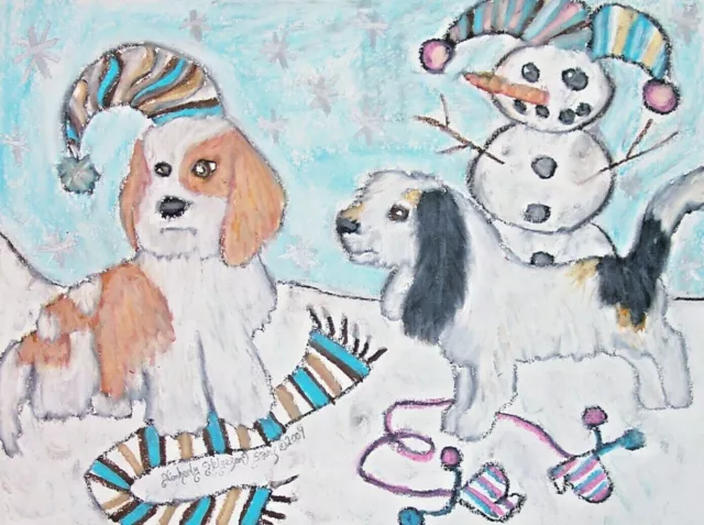 Petit Basset Griffon Vendeen Playing in Snow Art Print 5 x 7 PBGV Collectible