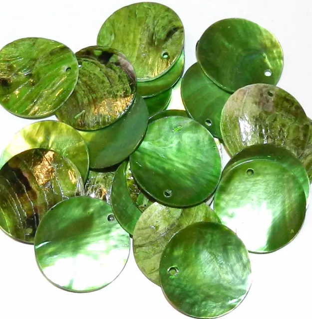 S225 Bright Green 20mm Top-Drilled Round Coin Drop Mussel Shell Beads 24pc
