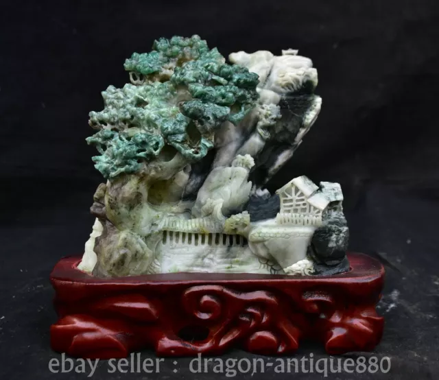 8.2" Chinese Natural Dushan Jade Carved Mountain Tree House People Bridge Statue