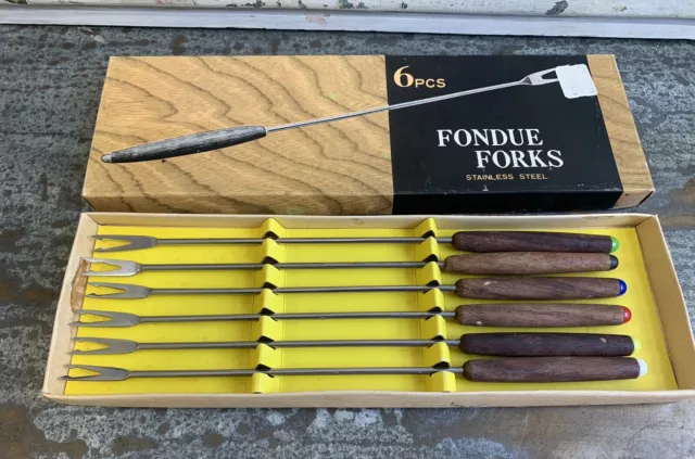Vintage Mid Century Set 6 Fondue Forks Stainless Steel Wood Bakelite Color Japan
