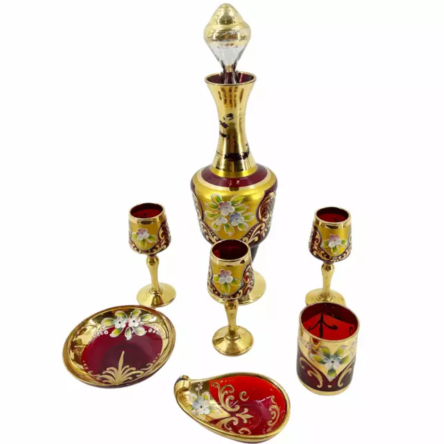 Vintage 8 Pc Lot Set Bohemian Czech Cranberry Glass Gold Gilt Enamel Flowers