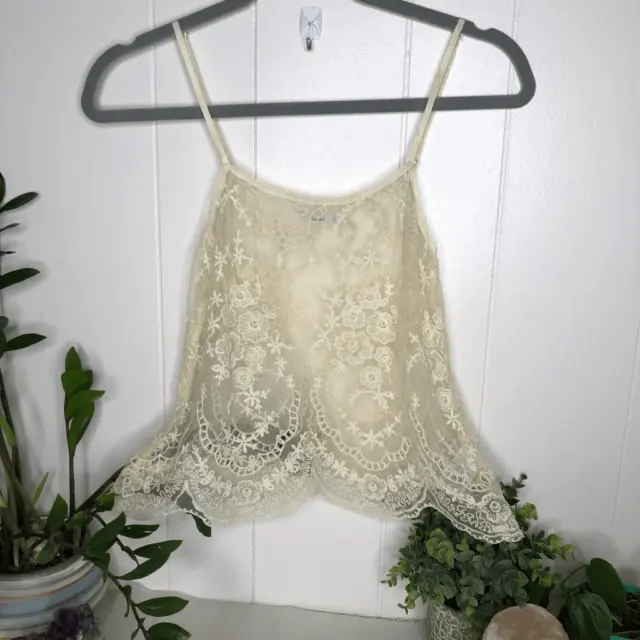 Kimchi Blue Women's Lace Adjustable Strap Scalloped Sheer Blouse Cream Small