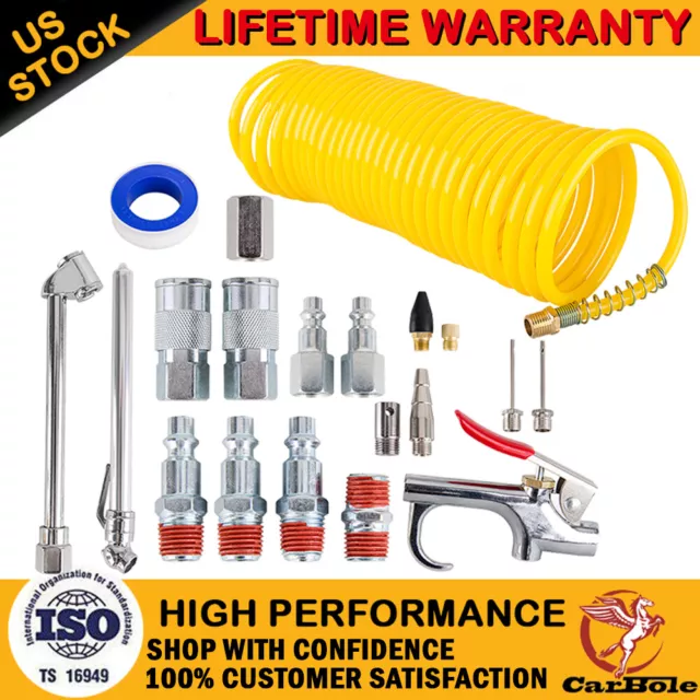 25 ft Recoil Poly Air Compressor Hose Accessories Tool Kit For Various Inflation