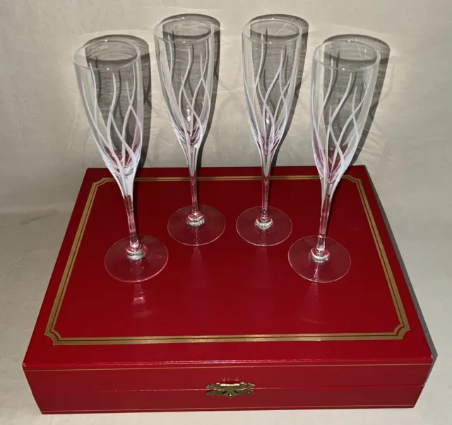 Cartier Crystal Art Glass Set of 4 Champagne Flutes Stemware w/ Box Danse De Feu