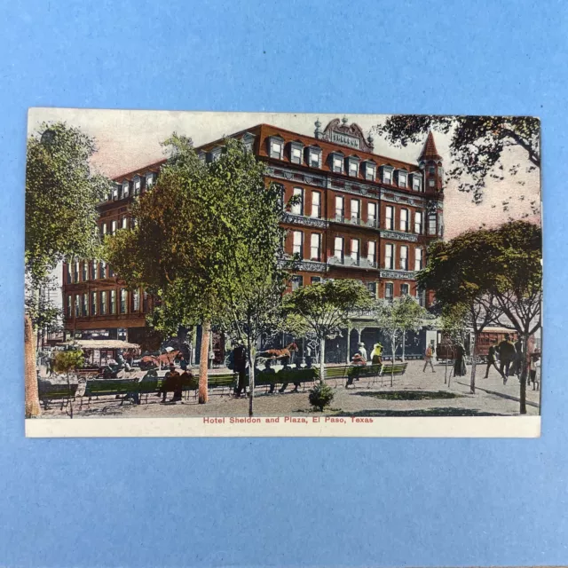 VTG Postcard El Paso Texas TX, Hotel Sheldon and Plaza, Carriage Trolley c1907