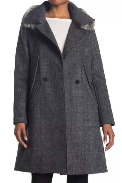 Soia & Kyo Kimi FX Fox Fur Collar Wool Blend Coat Jacket Cape Black Plaid Size S