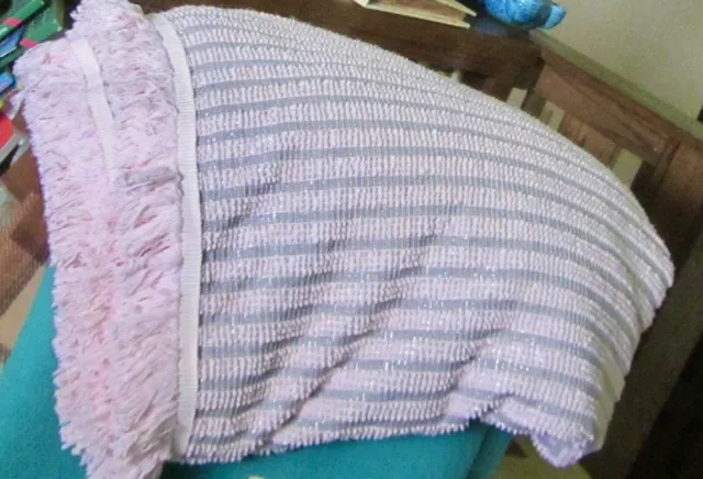 VTG Morgan Jones CHENILLE BEDSPREAD PINK GRAY Metallic FULL 95 X 116 Fringe