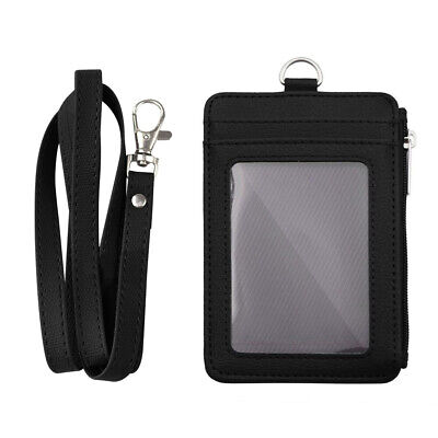 Vertical PU Leather ID Card Badge Holder Zipper Walle Pocket Neck Strap Lanyard