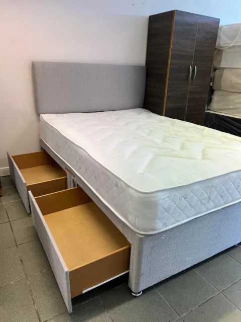 Divan bed in grey + medium firm, orthopaedic mattress! Storage, headboard!