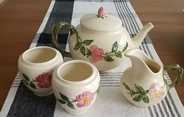 Vintage Franciscan Pottery Desert Rose Teapot, Creamer, Two Jam Jars USA Mark