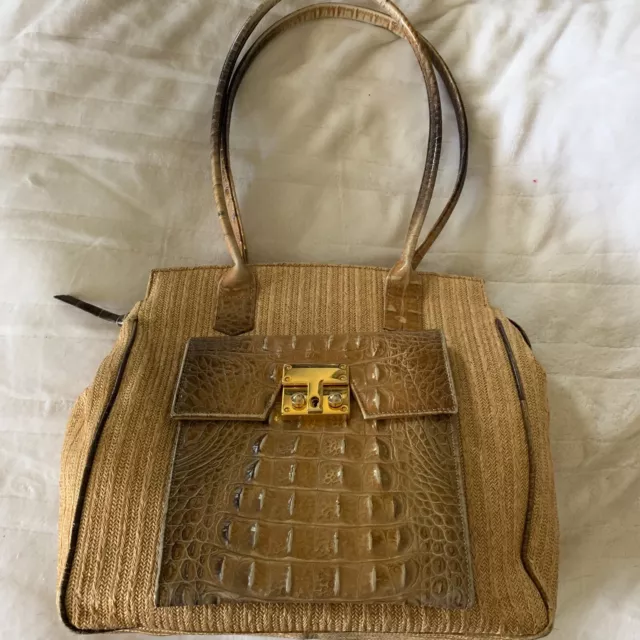 Sondra Roberts Tan Sand Weave Alligator Leather Gold Black Ombre Satchel HandBag