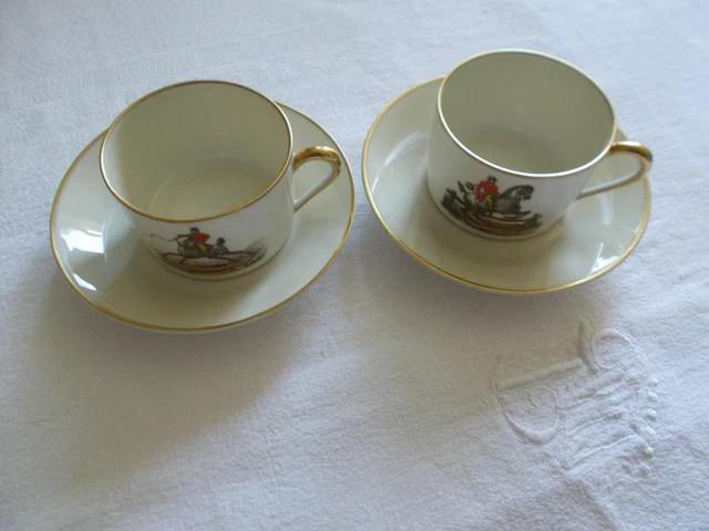 2 tasses et sous tasses à café, moka. Raynaud Limoges. Cheval et jockey 3