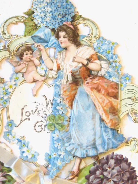 Antique Victorian Die Cut Paper Valentine Cherub Angel Flowers Fancy Frame Shape