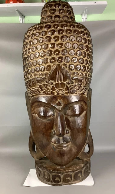 Hand Carved Buddha Wooden Table Top 35” Tall Center Piece  Prayer Shrine Statue