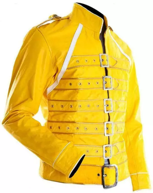 Men's Freddie Mercury Yellow Strap Wembley Concert Faux Leather Jacket