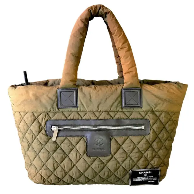 CHANEL COCO COCOON GM Nylon Tote Bag Khaki FedEx Shipping $701.30