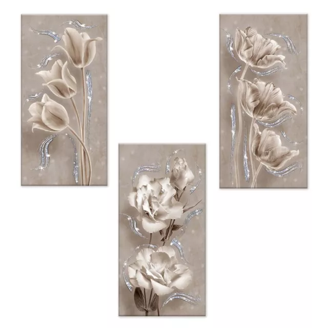 Set 3 pezzi Quadri su tela tema floreale con glitter 38x75 cm FLOWER SHABBY