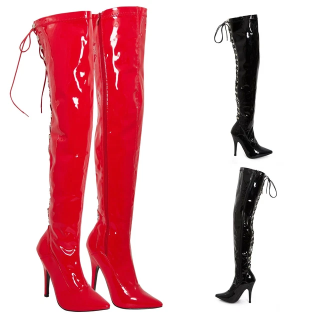 WOMENS THIGH KINKY Over The Knee Stiletto High Shiny Patent Hook Lace ...
